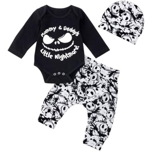 Night Christmas Baby Mommy's Little Nightmare Letter Print Bodysuit Pants and Hat Outfit Set Newborn to Infant