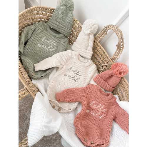 Hello World Knitted Baby Romper & Hat Set Newborn Knitted outfit Baby Shower Gift Bodysuit Coming Home Outfit baby announcement photo