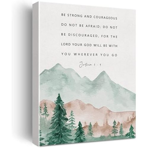 Bible Verse Canvas Print Decor Be Strong and Courageous Wall Painting Watercolor Home Office Posters Artwork Decoration 12”X15” (Framed)