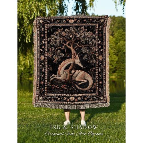 Folklore Dragon Woven Blanket | Medieval Aesthetic Fairytale Inspired Wall Art Cottagecore Style Fairycore Woven Throw Tapestry Botanical |