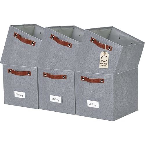 DECOMOMO Storage Bins, Cube Storage Bin with Labels, Fabric Storage Cubes for Shelves (11" / 6pcs, Texture Grey)