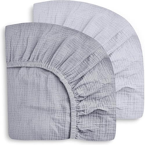 SWEET DOLPHIN 2-Pack Muslin Crib Sheets for Boys & Girls, Ultra Soft Breathable 40S Long-Staple Cotton Fitted Baby Sheets for Standard Crib Mattress 52"x28", Slate and Grey- Nursery Essentials