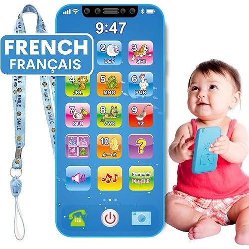 ZeenKind Baby Phone Toy English & French Learning for Toddlers 1 2 3 Years Old, Learn French Francais ABC Numbers Animal Sounds, Interactive Bilingual Cellphone Toy for Kids, Blue