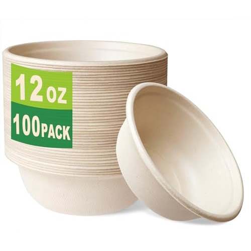 GreenWorks 100 Count 12 OZ Compostable Bowls, Small Unbleached Biodegradable Bagasse and Bamboo fiber Paper Bowls