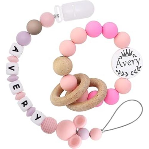 Handmade Custom Pacifier Chains And Custom Teether Rattles, Unique Newborn Gift for Birthdays, Custom Baby Boy Pacifier Clip Name (Crown-A)