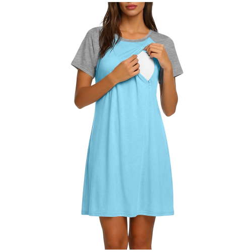 Women's Crew Neck Maternity Nursing Dress Color Block Short Sleeve Breastfeeding Nightgown Loungewear for Pregnancy & Postpartum