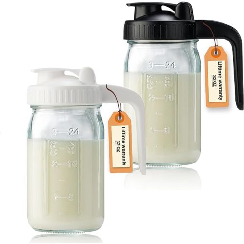 32oz Glass Pitcher with Lid & V-shaped Pour Spout - 1 Quart Double Leak Proof, Creamer Container for Sun Tea, Juice, Cold Brew Coffee, Breastmilk Storage Container