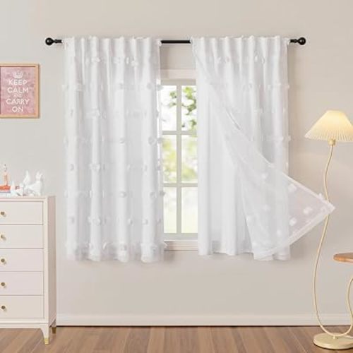 MYSKY HOME White Pom Pom Sheer Light Filtering Curtains 63 Inches 2 Panels