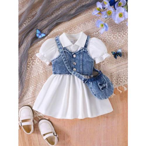 3pcs Baby Girl Set: Denim Cropped Vest Jacket, Solid Polo Collar Bubble Sleeve Ruched Waist Dress And Denim Bow Decor Crossbody Bag | SHEIN USA