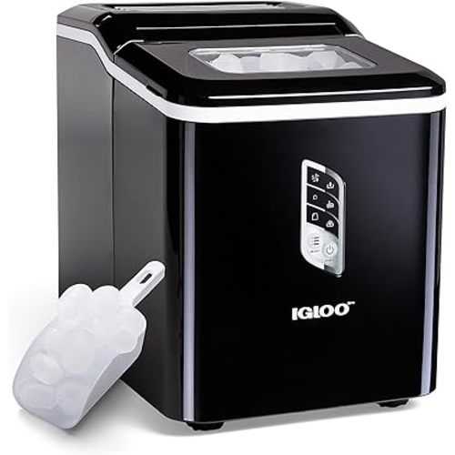 Igloo Handled Portable Ice Maker with Scoop - Ice Maker with LED Control Panel & 1 Quart Water Tank - Ice Cube Maker Produces 26 Lbs. of Ice in 24 Hours with 9 Large or Small Cubes In 7 Minutes- Black