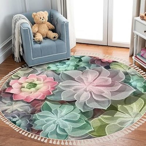 Round Rugs Green Colorful Succulents Design Boho Area Rug Linen and Cotton Carpet Meditation Rug Washable Hallway Runner Mat Accent Rug for Bedroom Bathroom 3ft