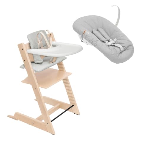 Stokke Tripp Trapp High Chair, Newborn Set, Baby Set, Cushion & Tray Bundle | Grows with Your Child from Newborn to Adult, Adjustable Ergonomic Seating and Footplate, Holds up to 300lbs, Solid Wood