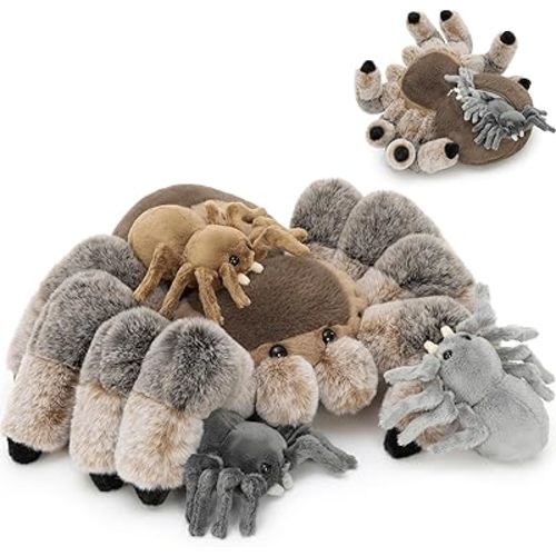 MorisMos 4Pcs Large Spider Plush, 16 Inch Mommy Spider Stuffed Animals with 3 Babies, Soft Cuddly Pillow Plush Gifts for Kids Boys Girls, Brown