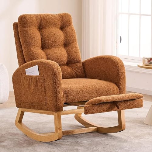 NIOIIKIT Nursery Rocking Chair, Teddy Upholstered Glider Chair with Footrest, Tufted Rocker Recliner with Side Pocket, Comfy Recliner Glider, Accent Chair for Living Room (Brown Teddy)