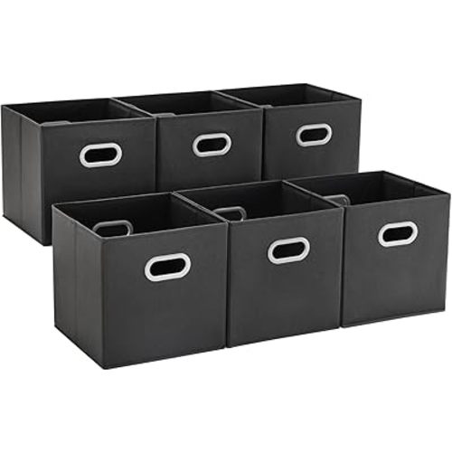MAX Houser 6 Pack Foldable Fabric Storage Bins with Handles, Black