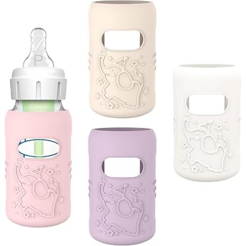 KingKam 4 Pack Silicone Sleeves for Dr. Brown's Glass Baby Bottles, Anti Breakage Baby Bottle Sleeves Holder, Compatible with Dr. Brown's Newborn Narrow Glass Baby Bottles 4oz