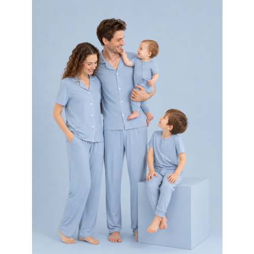 Family Matching Bamboo Pajamas Soft Bamboo Viscose PJs for Men Women Kids Toddler Baby, Classic Blue Short-sleeve Sleepwear with Button-Down Shirt and Pants Blue grey