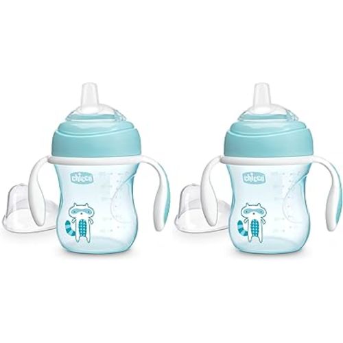 Chicco 7oz. Transition Sippy Cup with Silicone Spout and Spill-Free Lid | Calibration Markings | Removable Handles | Top-Rack Dishwasher Safe | Easy to Hold with Ergonomic Indents |Blue| 4+ Months