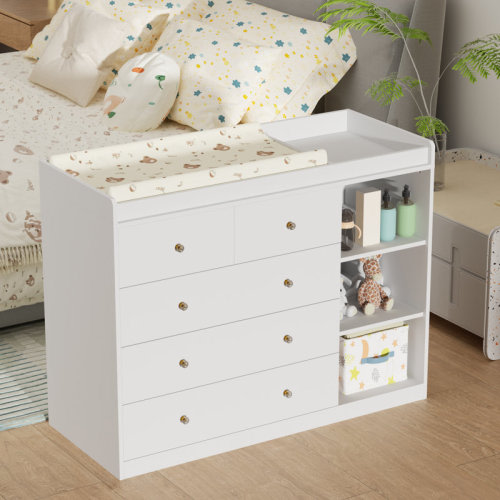 Latitude Run® Latitude Run 47.2'' Elegant Wood Changing Table Dresser with 5 Drawers, Baby Diaper Station | Wayfair