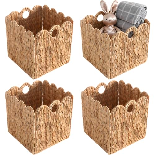 Scalloped Wicker Storage Cubes Basket, 12”x12“ Heavy Duty Paper rope/Hyacinth/Seagrass Baskets for Shelves, Foldable Natural Boho Square Bins (Water Hyacinth&12 x 12 x 12in&4-Pack)