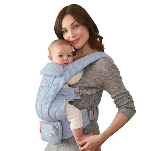 Ergobaby Omni Deluxe Baby Carrier for Newborn to Toddlers 0-48 Months (7-45 lbs) - 4-Position Breathable Mesh Baby Carrier with Ergonomic Support, Storage Pockets, and Sun Hood - Serene Blue