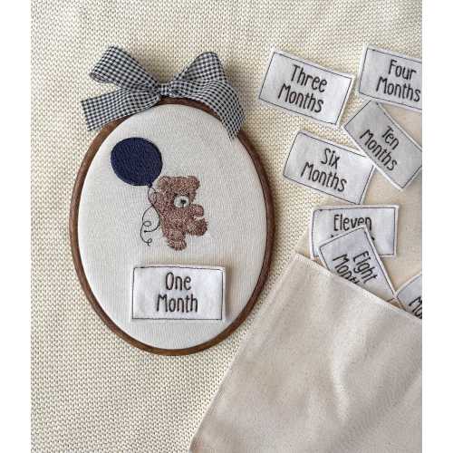 Baby monthly milestone hoop with embroidered teddy, personalised newborn photo prop gift