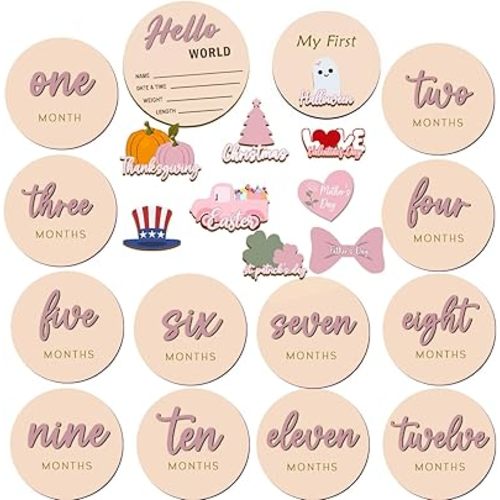 Monthly Baby Milestone Maker Discs, Baby Milestone Signs for Newborn Baby, Hello World Newborn Sign for Girl & Boy, Baby Announcement Sign for 1-12 Month, Milestone Wooden Circles (Sage) (Blush)