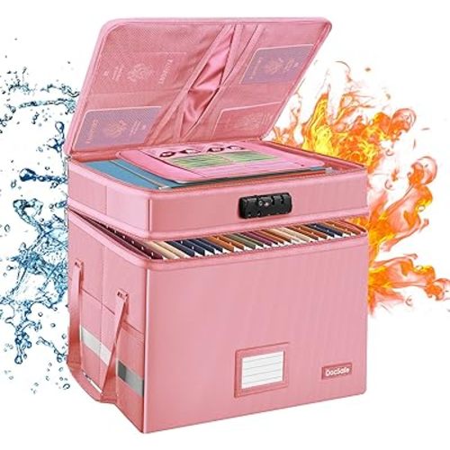 DocSafe File Box with Lock,Multi-Layer Fireproof Document Box Collapsible File Storage Organizer with Pockets/Handle,Large Portable Home Office Filing Safe for Hanging Letter/Legal Size Folders,Pink