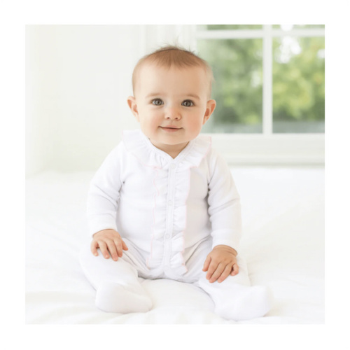 Baby Girl White Footie with Pink Ruffle - Magnolia Baby Pima Cotton