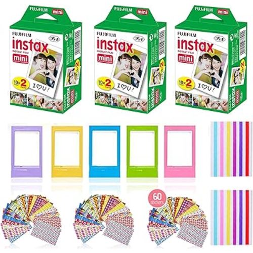 Fujifilm Instax Mini Instant Film (3 Pack, 60 Sheets) 5 Plastic Desk Frames, 60 Sticker Frames, 10 Hanging Creative Frames, 1 Pack Corner Stickers.