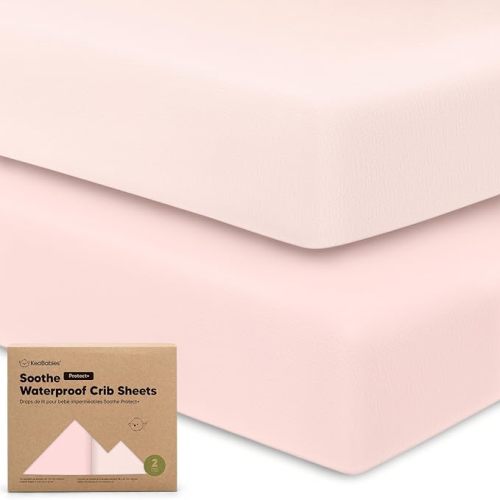 2-Pack Waterproof Crib Sheets for Boys, Girls - 52x28 Fitted Organic Cotton Baby Crib Sheets, Toddler Mattress Protector Cover, Washable, Soft & Durable Baby Bedding Essentials (Mist Rose)