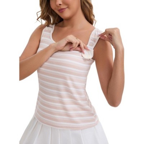 INSPIRE CHIC Women's Buckled Straps Breastfeeding Maternity U-Neck with Padded Loose Fit Longline Striped Tank Top Medium Apricot