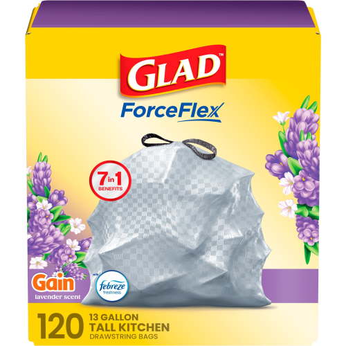 Glad ForceFlex Tall Kitchen Drawstring Trash Bags, 13 Gal, Gain Lavender, 120 Count