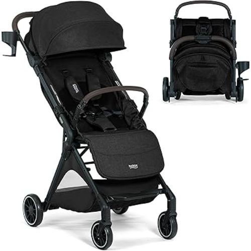 Britax Juniper+ Compact Stroller, Portable & Lightweight On-The-Go Stroller with Fastpack & One-Hand RapidFold, Infant Car Seat Compatible, Built-in Carry Strap, Ventilating Fabrics — Raven Black