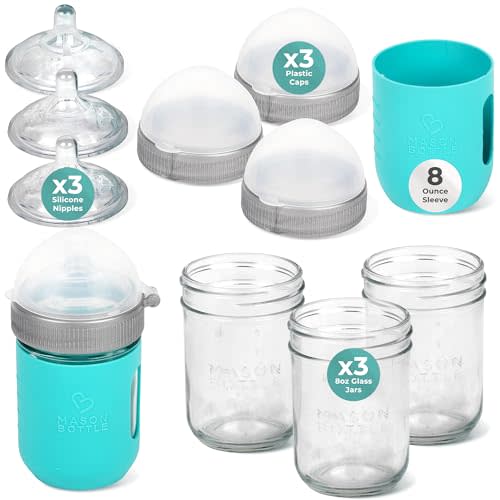 Mason Bottle Baby Glass Bottles Gift Set - Includes 3X Anti Colic Glass Baby Bottle 8 oz, 3X Slow Flow Nipple, 3X Cap+Ring, 1x Silicone Sleeve - BPA Free, Non Toxic Glass Feeding Bottles for Babies
