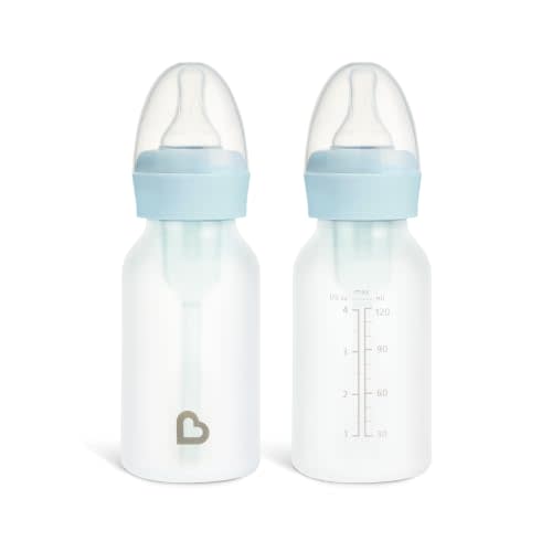 Munchkin Bond Silicone Coated Glass Baby Bottles - Anti-Colic Feeding System with Natural Feel Nipples, 4 Ounce, 2 Pack, Blue