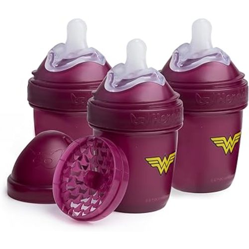Herobility Anti-Colic Baby Bottles 5 oz / 140 ml – Pack of 3 Newborn Baby Bottles, Slow Flow Plastic Bottles, Breast-Shaped Teat for Breastfed Babies, Small Baby Bottles, Swedish Design, Wonder Woman