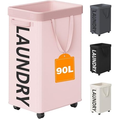Pink Laundry Basket with Wheels, Dorm Room Essentials for Girls, 90L Rolling Laundry Hamper with Wheels and Removable Mesh Bag for Clothes, Bedroom, Bathroom, College