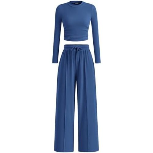 BTFBM Casual 2 Piece Sets For Women Fall Outfits 2025 Ribbed Long Sleeve Crop Top Wide Leg Pants Matching Lounge Set