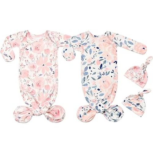 Newborn Baby Knotted Gown Sleeper Gown with Mittens Long Sleeve Nightgown Baby Coming Home Outfit with Hat 2 Pieces