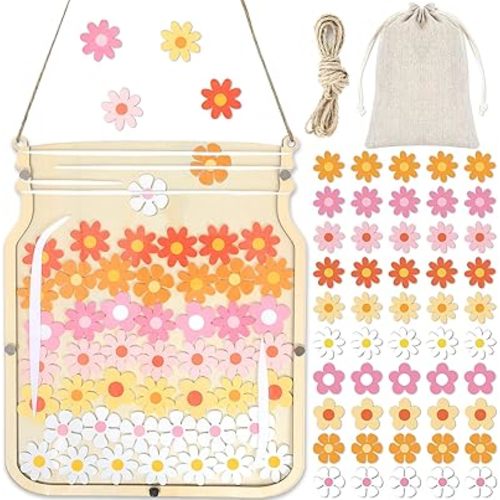 12” Large Wooden Reward Jar for Kids 100Pcs Groovy Daisy Flowers Reward Jars with Storage Bag Potty Training Chart Behavior Management Classroom Tools for Home Student Teacher Back to School Supplies