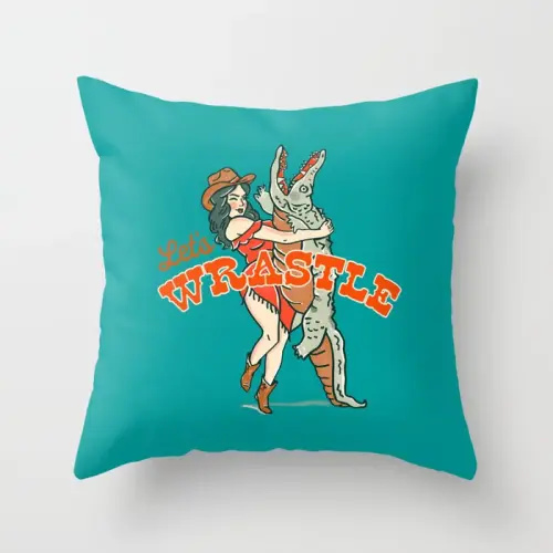Let's Wrastle Teal Cowgirl Pillow Throw Pillow by The Whiskey Ginger | Society6