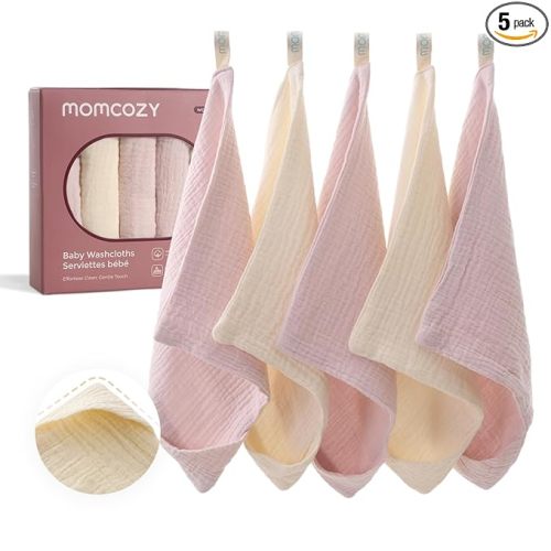 Momcozy Baby Washcloths - 4 Layer Design| Medium Thickness| Soft & Absorbent| Premium Cotton for Newborns' Skin-Great for Bathing, Wiping & on-the-go Use, Shower Gift and Essential(5 Pack, 10x10 inch)