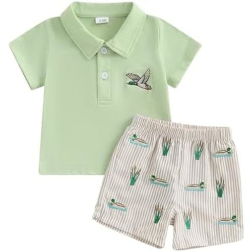 Kids Baby Boys Duck Hunter Clothes Mallard Duck Polo T-shirt Casual Striped Shorts 2Pcs Toddler Hunting Baby Outfit