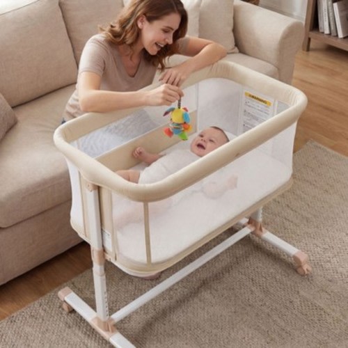 TODECARE Baby Bassinet Bedside Sleeper, 2 in 1 Bedside Sleeper with Wheels, All-Sided Mesh Infant Travel Crib for Toddlers, Beige