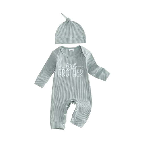 BemeyourBBs Newborn Baby Boy Little Brother Outfit Rib Knit Romper Letter Embroidered Long Sleeve Infant Spring Fall Winter Clothes Bodysuits Jumpsuits with Hat