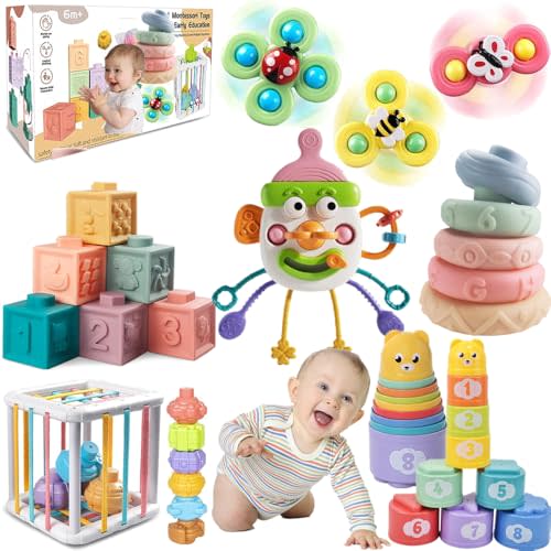 Baby Toys 6-12 Months, Montessori Toys for Toddlers 1-3 Year Old, Busy Cube Teether Infants Bath 6 in 1 Stacking Blocks Rings, Suction Cup Spinner, Shape Bin Sensory (0035)