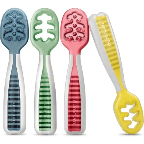 NumNum Baby Spoons Set, Baby Essentials Pre-Spoon GOOtensils for 6+ Months, First Stage Self-Feeding Spoons for Baby Led Weaning (BLW), Silicone Toddler Utensils, BPA-Free, 4 Pack Classic Colors