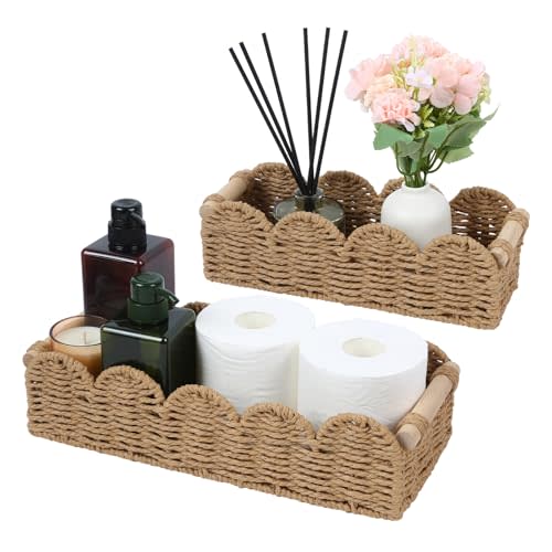 Paper Rope Storage Basket Set of 2 with Wooden Handles - Scalloped Toilet Paper Organizer, Cute & Functional Home Decor for Bathroom or Living Room (Beige)
