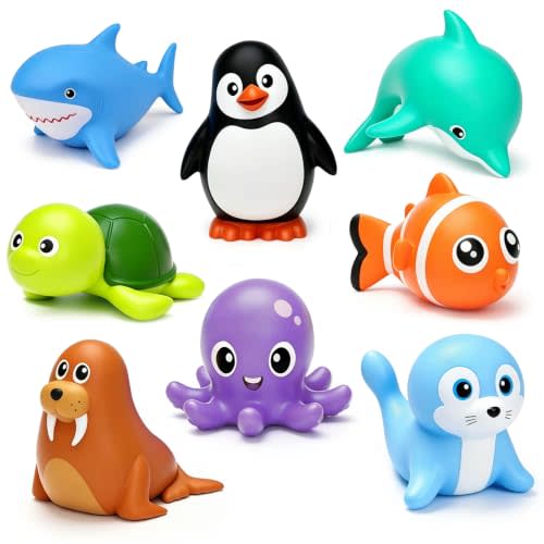 8PCS Ocean Animals Mold Free Bath Toys for Kids, No Hole Baby Bathtub Toys | No Mold, No Hole, Sea Animal, Shark, Clownfish, Pool, Water, Beach, Shower, Tub, Squeezable Gifts for Toddlers